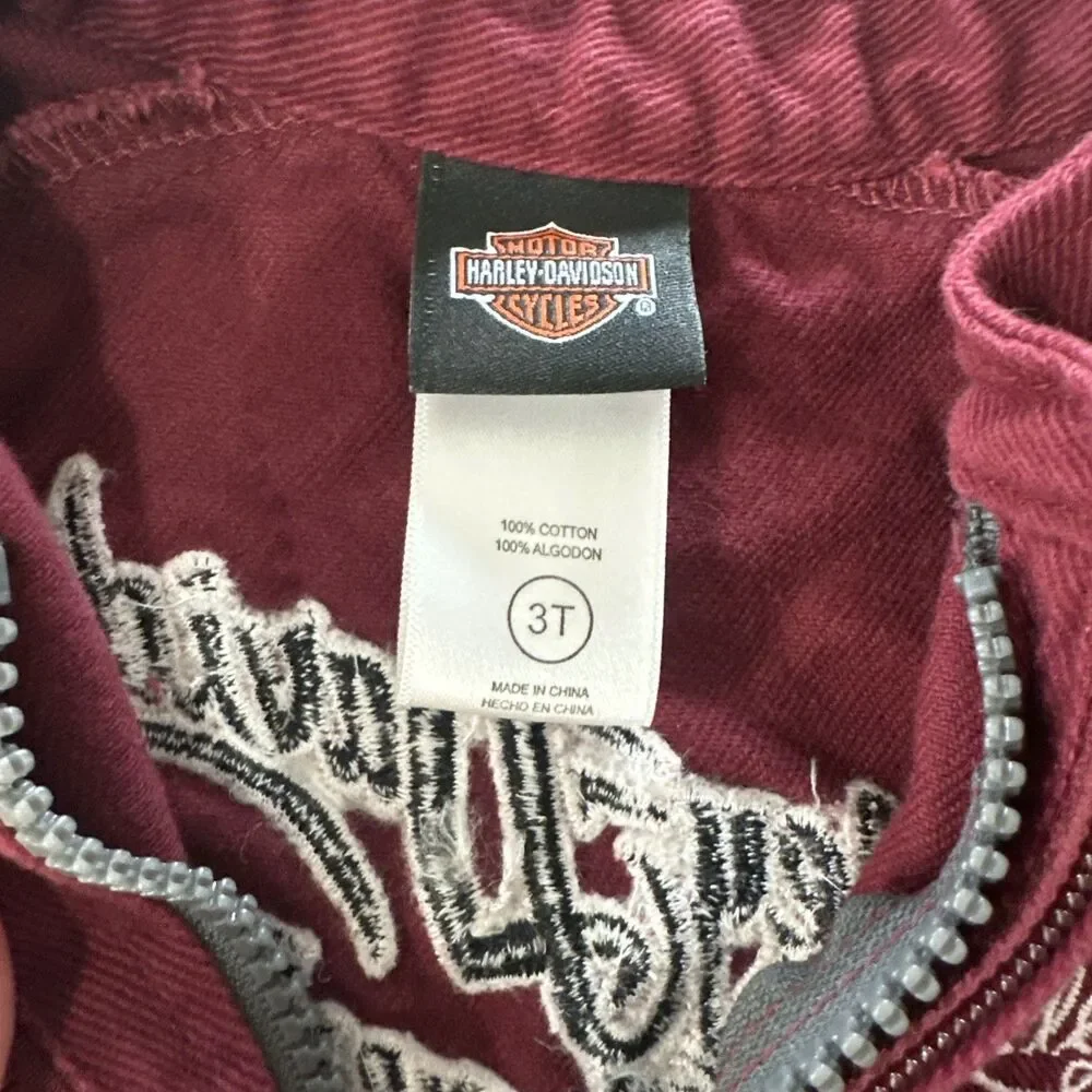 Harley Davidson Kids Girls Maroon Red Full Zip Jacket 3T